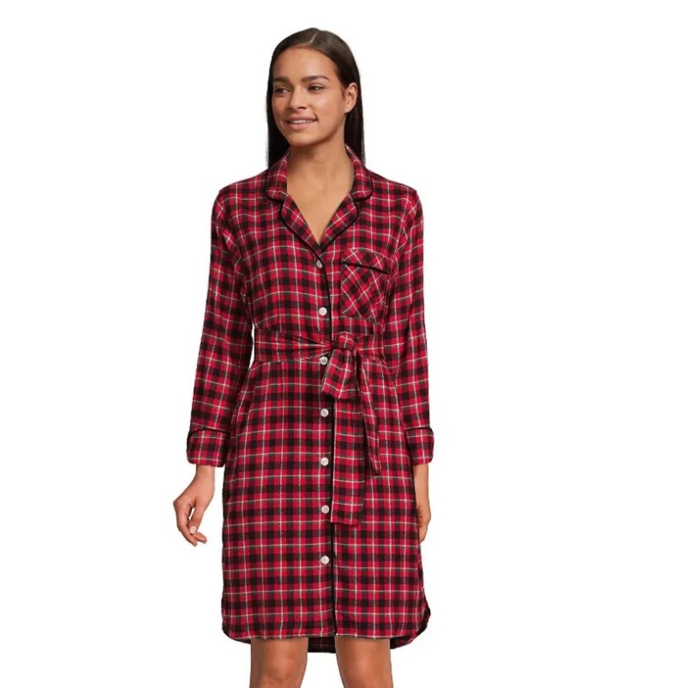 New Lands' End Red Plaid Flannel Sleep Shirt S Belted Cotton